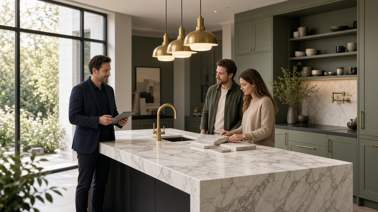 A Kitchen Worktops Plus specialist discussing a kitchen project in confidence