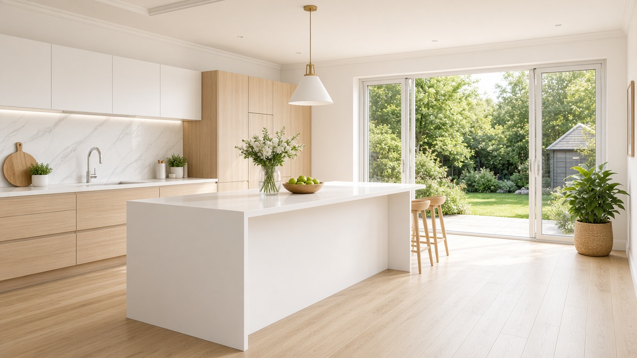 Installed kitchen worktops in a finished UK kitchen
