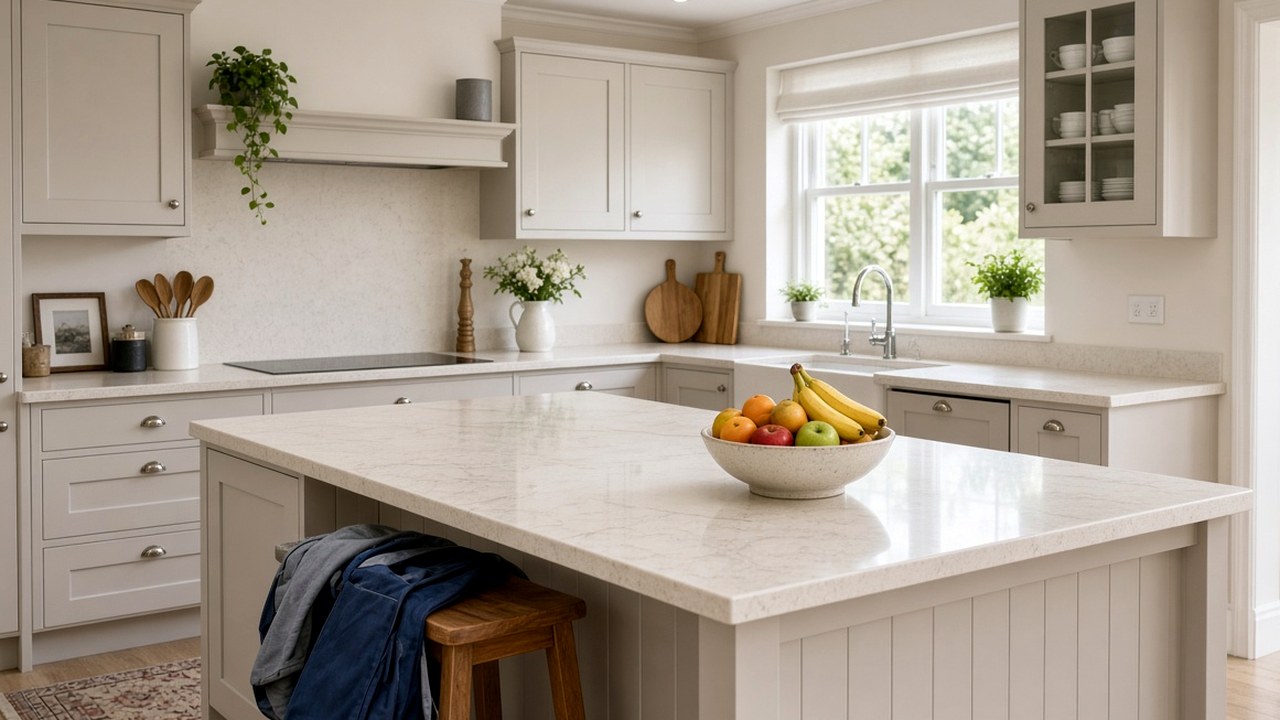 Family kitchen island with school bags and fruit showing where a planned drop zone helps