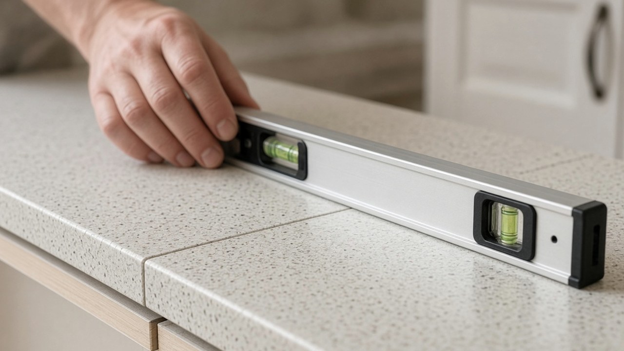 Fitter checking a new worktop with a spirit level during a family kitchen refit