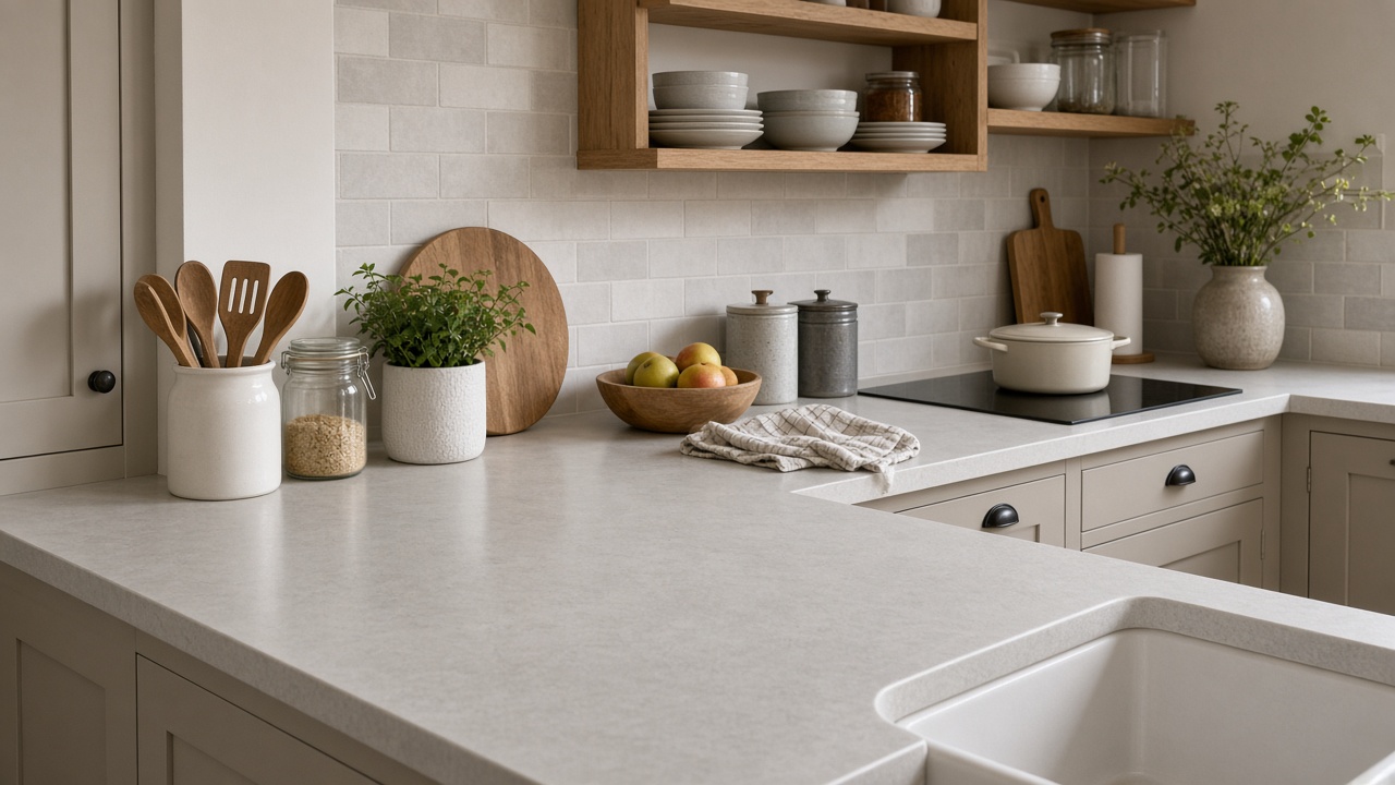 Pale solid surface island in a family kitchen showing few fingerprints after use