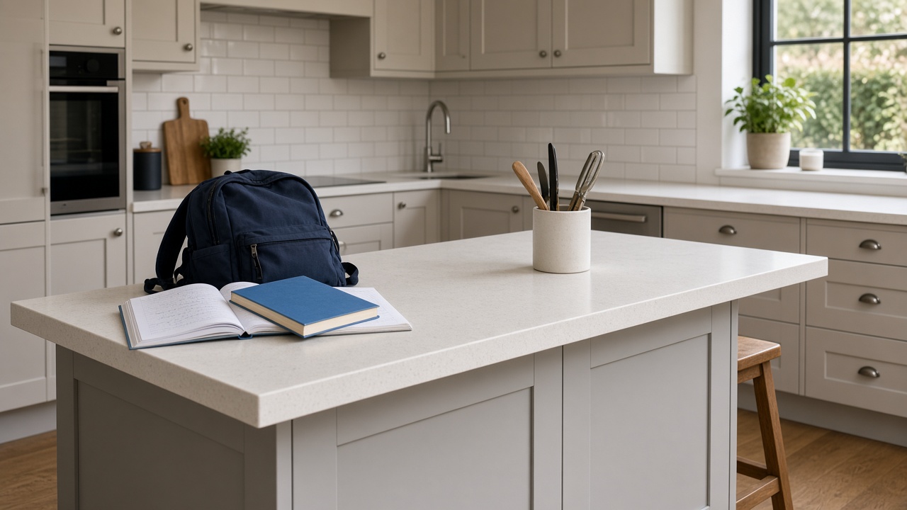 Family kitchen peninsula with homework, school bags and stools at a solid surface overhang