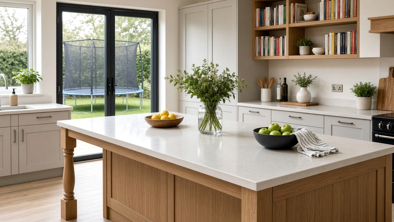 Family kitchen island with softly rounded solid-surface worktop corners at toddler height