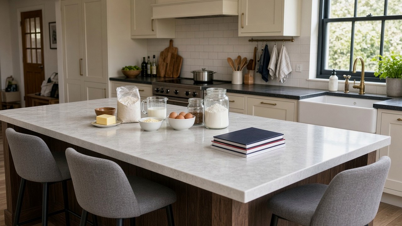 Family kitchen island with stools at worktop height used by adults and children