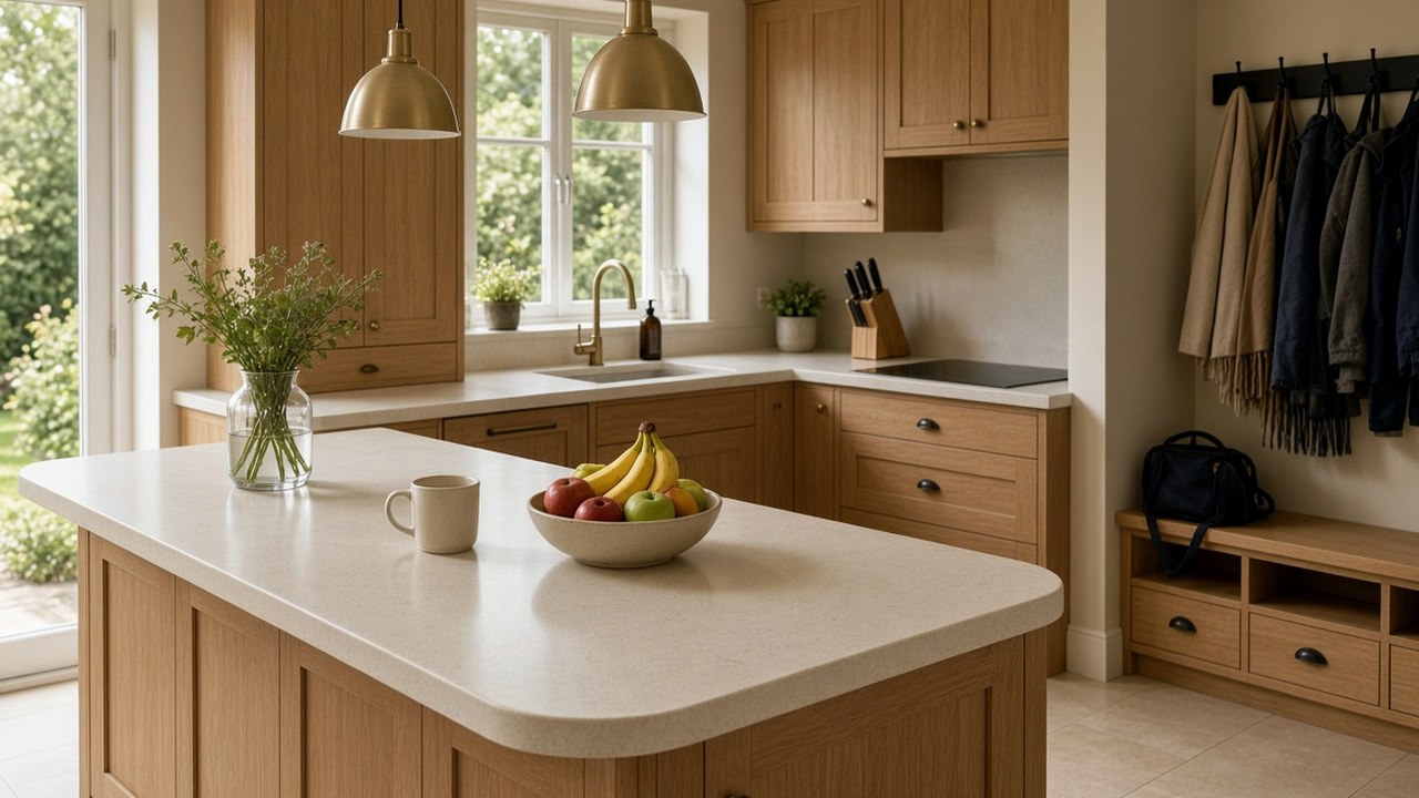 Family kitchen with a pet feeding area planned beside the solid-surface worktop run