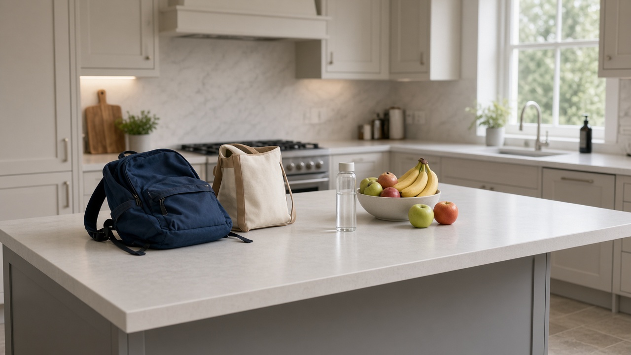 Family kitchen island with homework sheets and breakfast bowls on a solid surface worktop